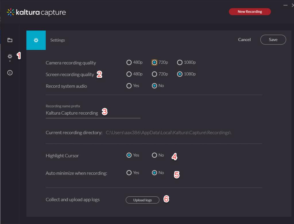 Various settings for Kaltura Capture  camera and screen,  recording name, highlight cursor, auto minimize and upload logs.